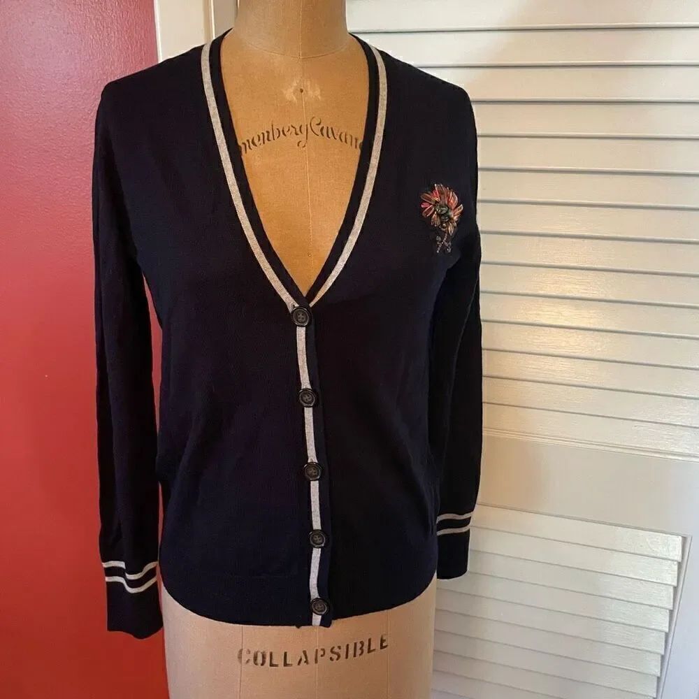 J CREW | black & gray varsity style cardigan with beaded flower XS